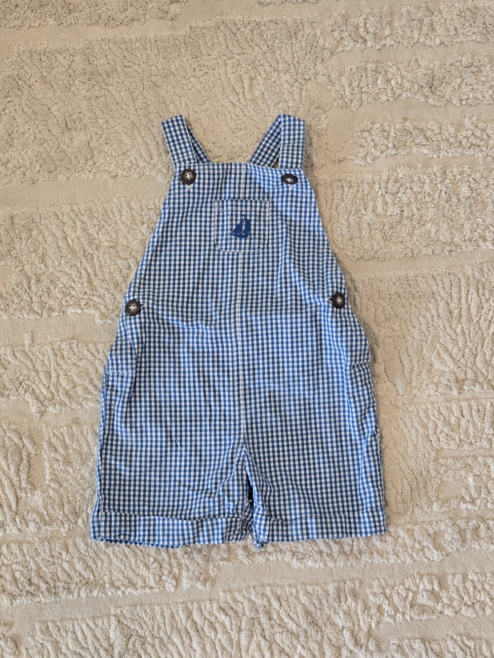 Jojo Maman Bebe - Blue Gingham Kids Short Overalls 6-12m